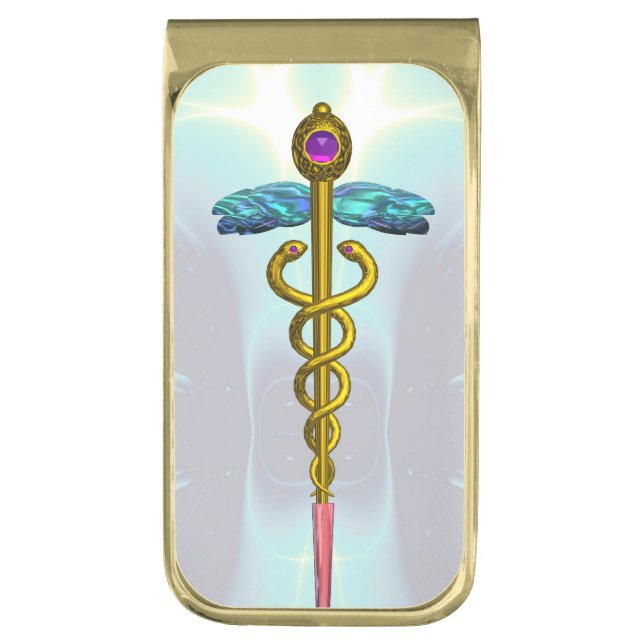 GOLD CADUCEUS , Light Blue Turquoise Gold Finish Money Clip (Front Vertical)