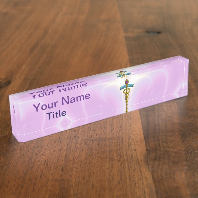GOLD CADUCEUS , Light Pink Lilac Desk Name Plate (Side)