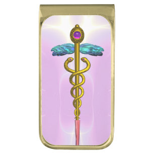 GOLD CADUCEUS , Light Pink Turquoise Finish Money Clip