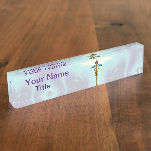 GOLD CADUCEUS  Light Teal Blue Desk Name Plate