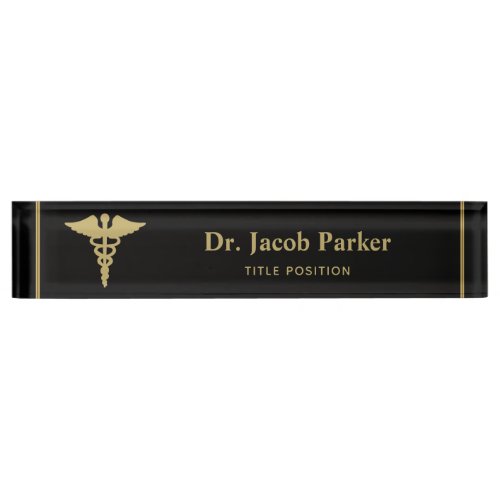 Gold Caduceus Medical Desk Name Plate
