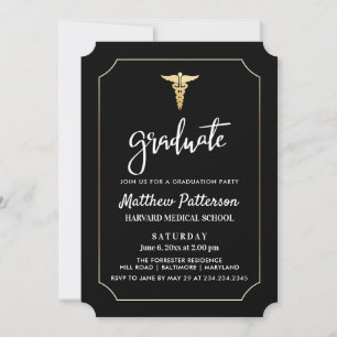 Gold Caduceus Medical Graduate Black Gold Invitation