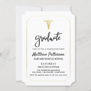 Gold Caduceus Medical Graduate Elegant Gold Invitation