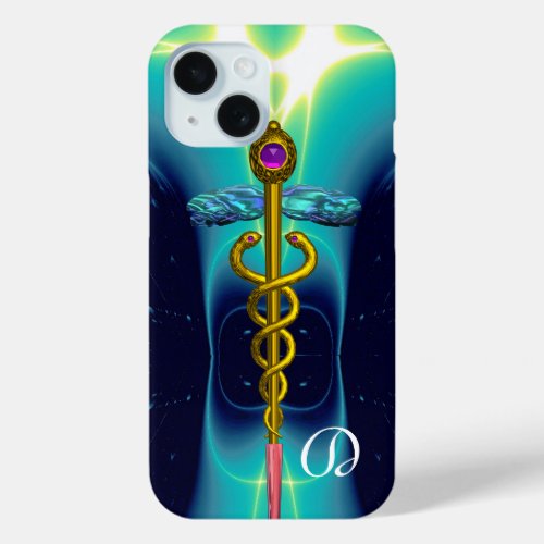 GOLD CADUCEUS MEDICAL MONOGRAM Teal Aqua blue iPhone 15 Case