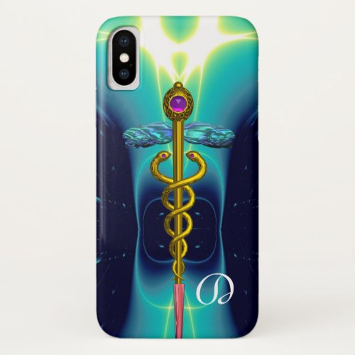 GOLD CADUCEUS MEDICAL MONOGRAM Teal Aqua blue iPhone X Case