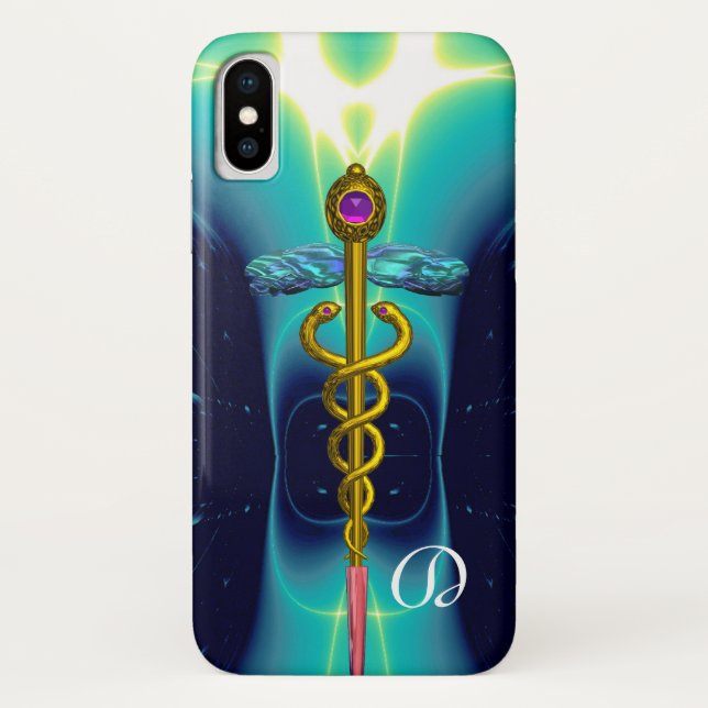 GOLD CADUCEUS MEDICAL MONOGRAM ,Teal Aqua blue Case-Mate iPhone Case (Back)