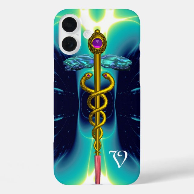 GOLD CADUCEUS MEDICAL MONOGRAM Turquoise Blue Case-Mate iPhone Case (Back)