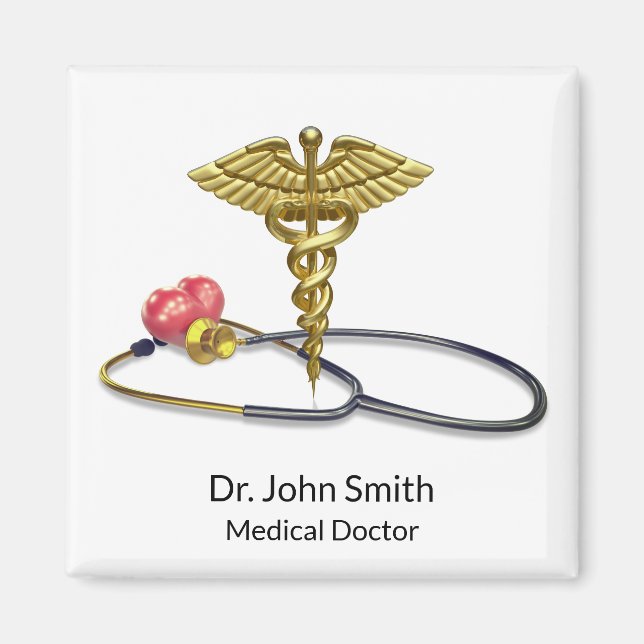 Gold Caduceus Medical & Stethoscope with Heart Magnet (Front)