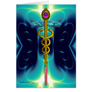 GOLD CADUCEUS MEDICAL SYMBOL Aqua Blue Light Waves