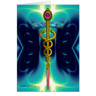 GOLD CADUCEUS MEDICAL SYMBOL Aqua Blue Light Waves Cards