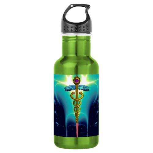 GOLD CADUCEUS MEDICAL SYMBOL Aqua Blue Light Waves Stainless Steel Water Bottle