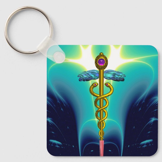 GOLD CADUCEUS MEDICAL SYMBOL Aqua Blue Turquoise Keychain (Front)