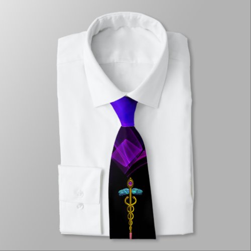 GOLD CADUCEUS MEDICAL SYMBOL  Black Purple Swirls Tie