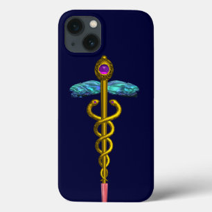 GOLD CADUCEUS MEDICAL SYMBOL ,Blue iPhone 13 Case