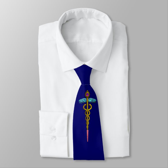 GOLD CADUCEUS MEDICAL SYMBOL , Blue Neck Tie (Tied)