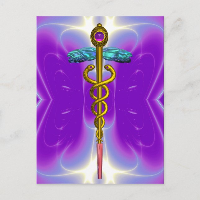 GOLD CADUCEUS MEDICAL SYMBOL BLUE PURPLE FRACTALS POSTCARD (Front)