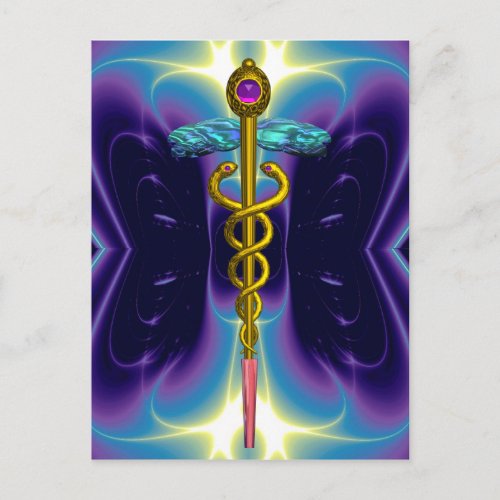 GOLD CADUCEUS MEDICAL SYMBOL BLUE PURPLE FRACTALS POSTCARD