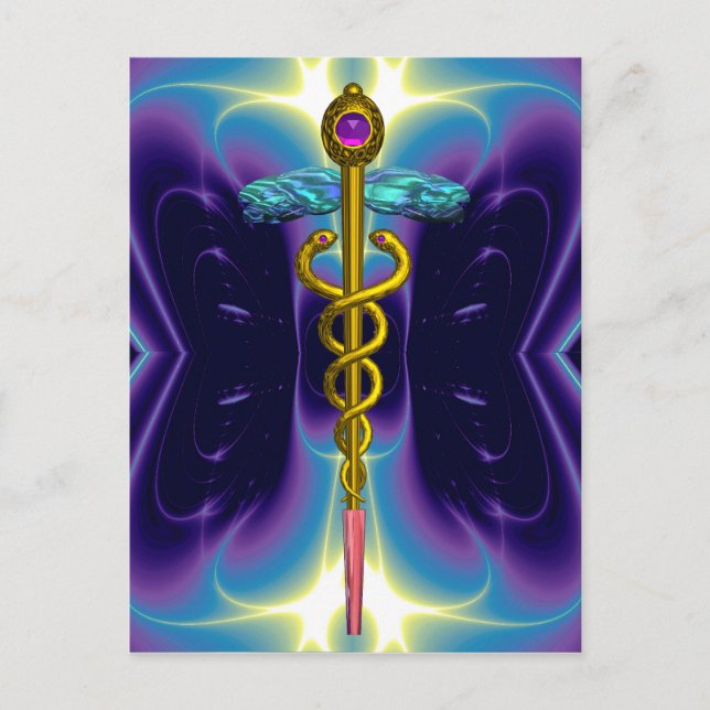 GOLD CADUCEUS MEDICAL SYMBOL BLUE PURPLE FRACTALS POSTCARD (Front)