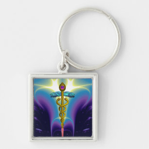 GOLD CADUCEUS MEDICAL SYMBOL Blue Purple Keychain