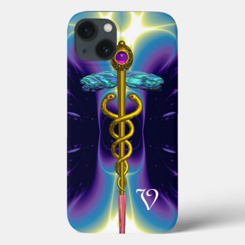 GOLD CADUCEUS MEDICAL SYMBOL Blue Purple Monogram iPhone 13 Case