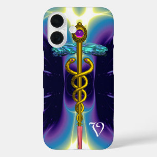 GOLD CADUCEUS MEDICAL SYMBOL ,Blue Purple Monogram iPhone 16 Case