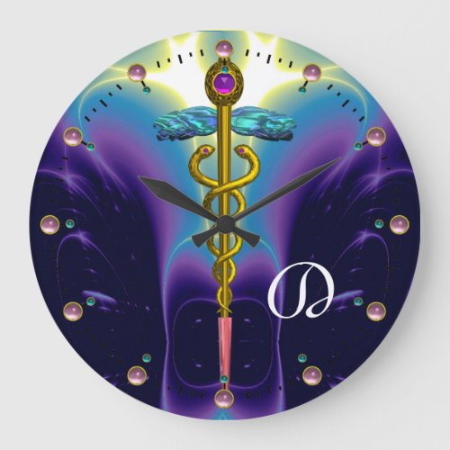 GOLD CADUCEUS Medical Symbol Blue Purple Monogram Large Clock