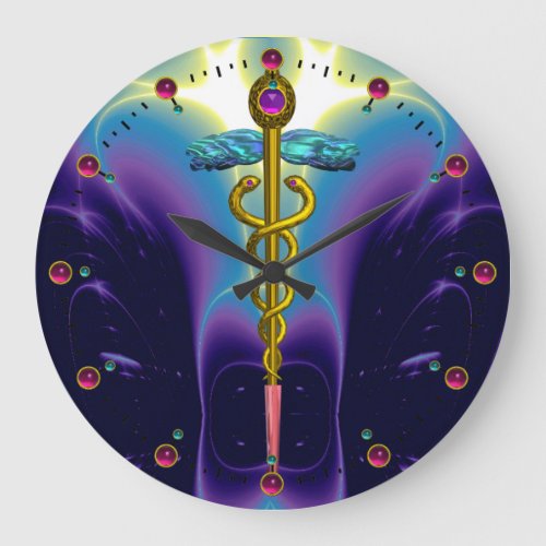 GOLD CADUCEUS Medical Symbol Blue Purple Waves Large Clock
