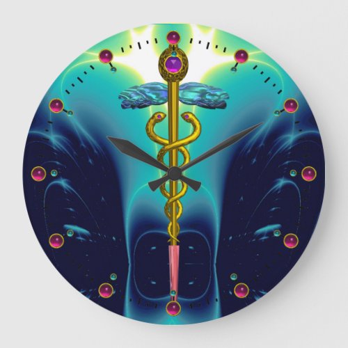 GOLD CADUCEUS MEDICAL SYMBOL Blue Turquoise Large Clock