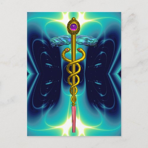 GOLD CADUCEUS MEDICAL SYMBOL BLUE TURQUOISE POSTCARD