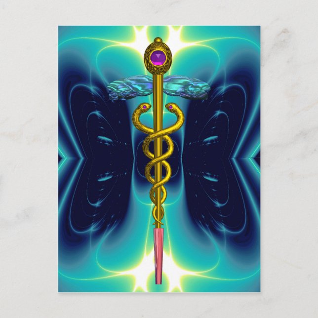 GOLD CADUCEUS MEDICAL SYMBOL BLUE TURQUOISE POSTCARD (Front)