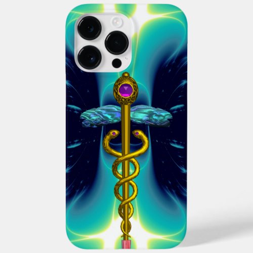 GOLD CADUCEUS MEDICAL SYMBOL Blue Turquoise Teal Case_Mate iPhone 14 Pro Max Case