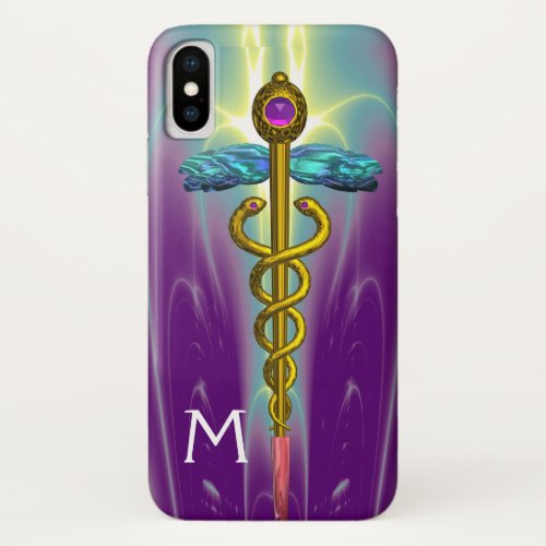 GOLD CADUCEUS MEDICAL SYMBOL Green Purple Monogram iPhone XS Case