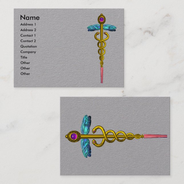 GOLD CADUCEUS MEDICAL SYMBOL Grey Paper Business Card (Front/Back)