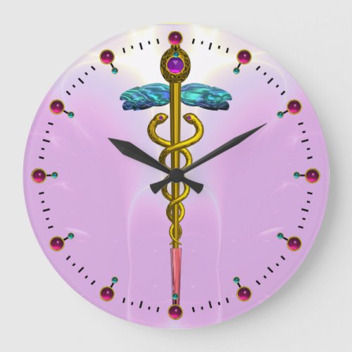 GOLD CADUCEUS Medical Symbol Light Pink Large Clock