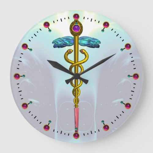 GOLD CADUCEUS Medical Symbol Light Teal Aqua Blue Large Clock