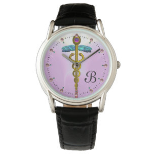 GOLD CADUCEUS,MEDICAL SYMBOL MONOGRAM ,Pink Lilac Watch