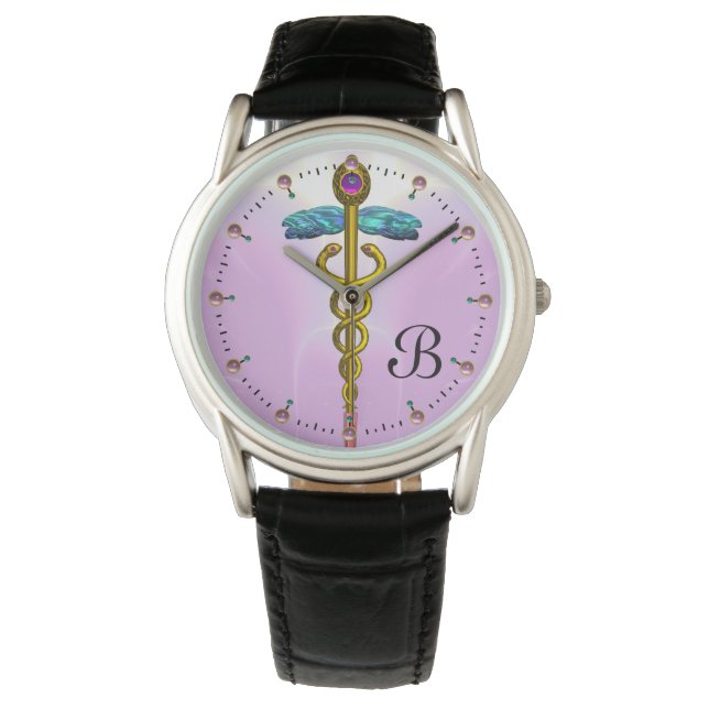 GOLD CADUCEUS,MEDICAL SYMBOL MONOGRAM ,Pink Lilac Watch (Front)