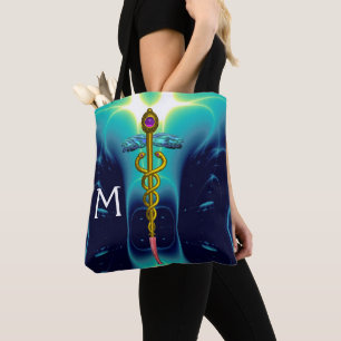 GOLD CADUCEUS MEDICAL SYMBOL MONOGRAM, Teal Blue Tote Bag
