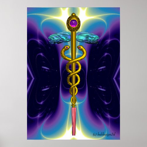 GOLD CADUCEUS Medical Symbol Purple Blue Waves Poster