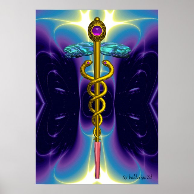 GOLD CADUCEUS Medical Symbol Purple Blue Waves Poster (Front)