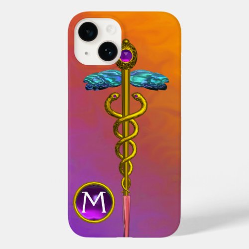 GOLD CADUCEUS MEDICAL SYMBOL Purple Gem Monogram Case_Mate iPhone 14 Case