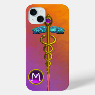GOLD CADUCEUS MEDICAL SYMBOL Purple Gem Monogram iPhone 15 Plus Case