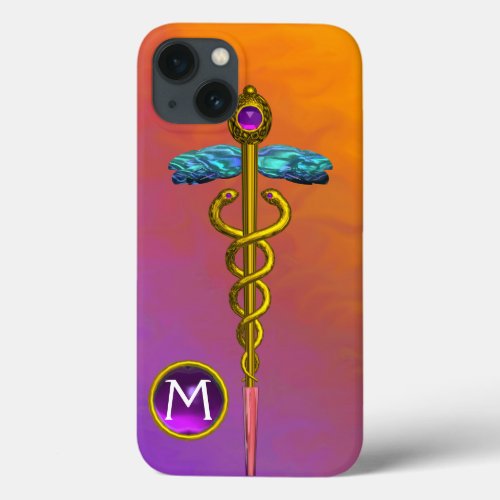 GOLD CADUCEUS MEDICAL SYMBOL Purple Gem Monogram iPhone 13 Case