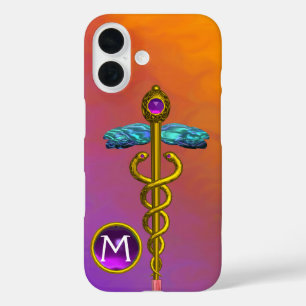 GOLD CADUCEUS MEDICAL SYMBOL Purple Gem Monogram iPhone 16 Case