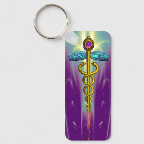 GOLD CADUCEUS MEDICAL SYMBOL Purple Green Keychain