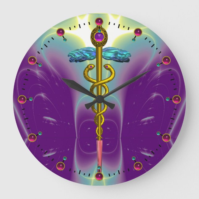 GOLD CADUCEUS Medical Symbol Purple Green Teal Large Clock (Front)