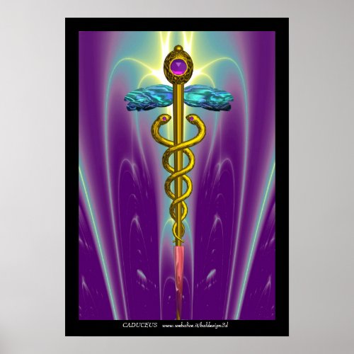 GOLD CADUCEUS Medical Symbol Purple Green Waves Poster