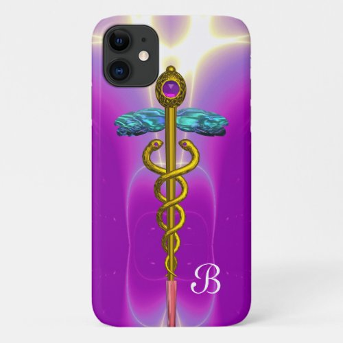 GOLD CADUCEUS MEDICAL SYMBOL  Purple Monogram iPhone 11 Case