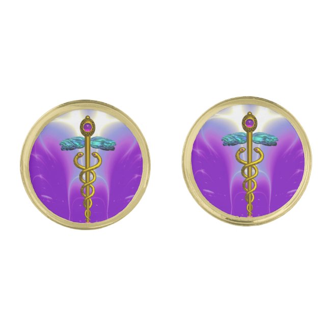 GOLD CADUCEUS MEDICAL SYMBOL,Purple Teal Blue Cufflinks (Front)
