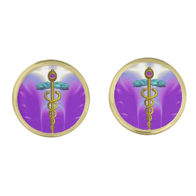 GOLD CADUCEUS MEDICAL SYMBOL,Purple Teal Blue Cufflinks | Zazzle